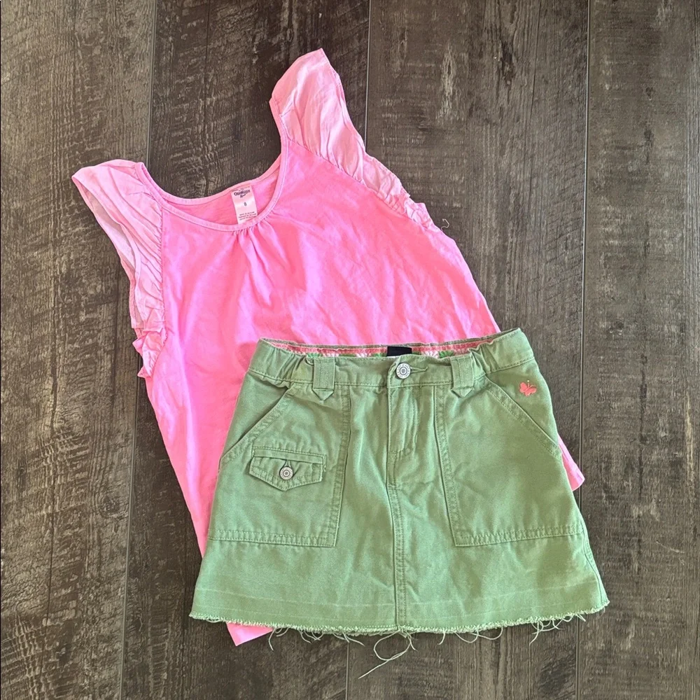 GAP Olive Green Girls Button-Front Skort & Oshkosh pink tops